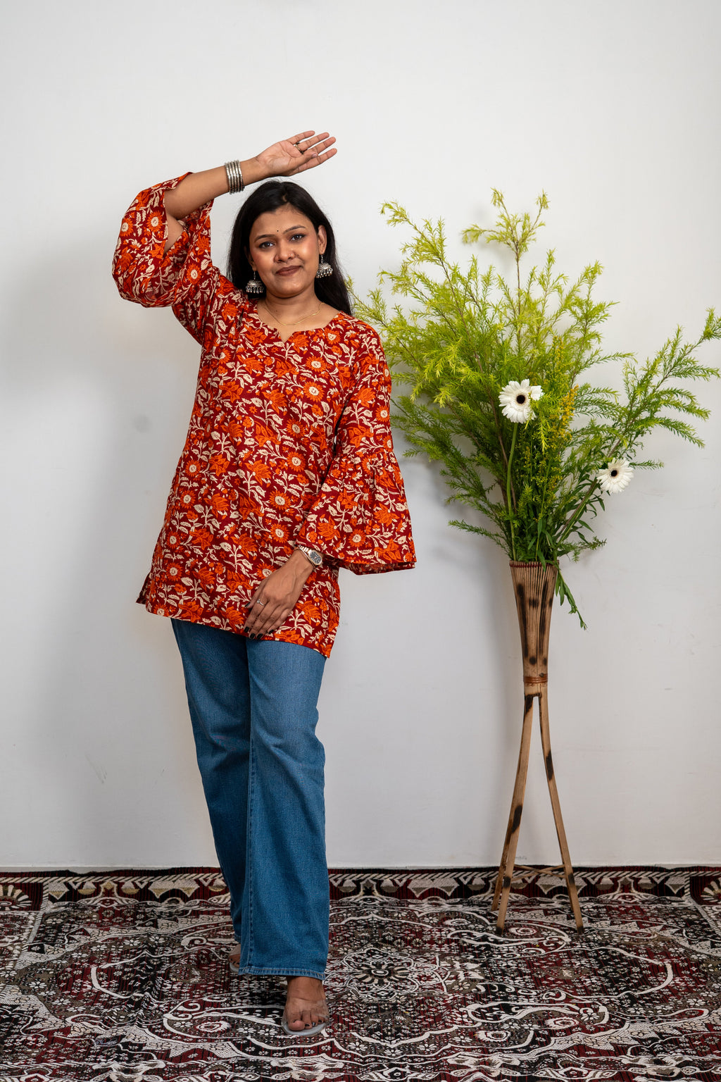 Women’s Cotton Tunic Top with Red Floral Print | Long Flared Sleeve Kurti for Casual & Office Wear