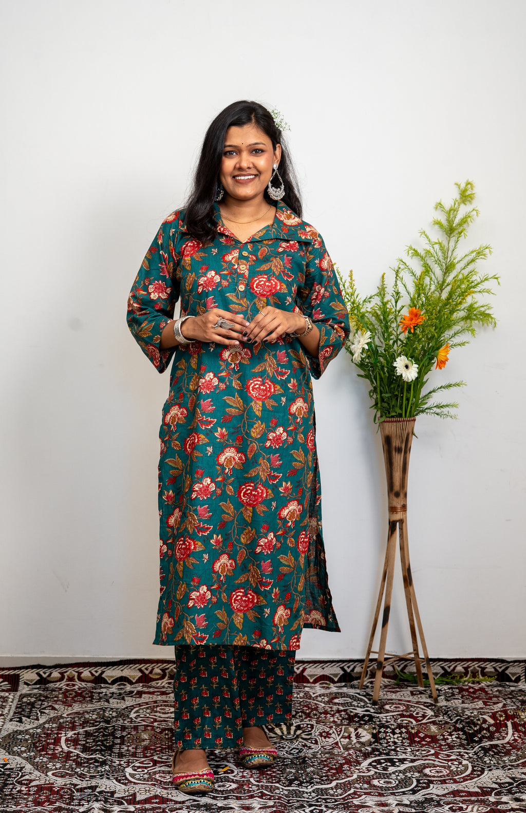 Women’s Cotton Kurta Set – Green Floral Printed Straight Kurta with Matching Pants | Ethnic Wear
