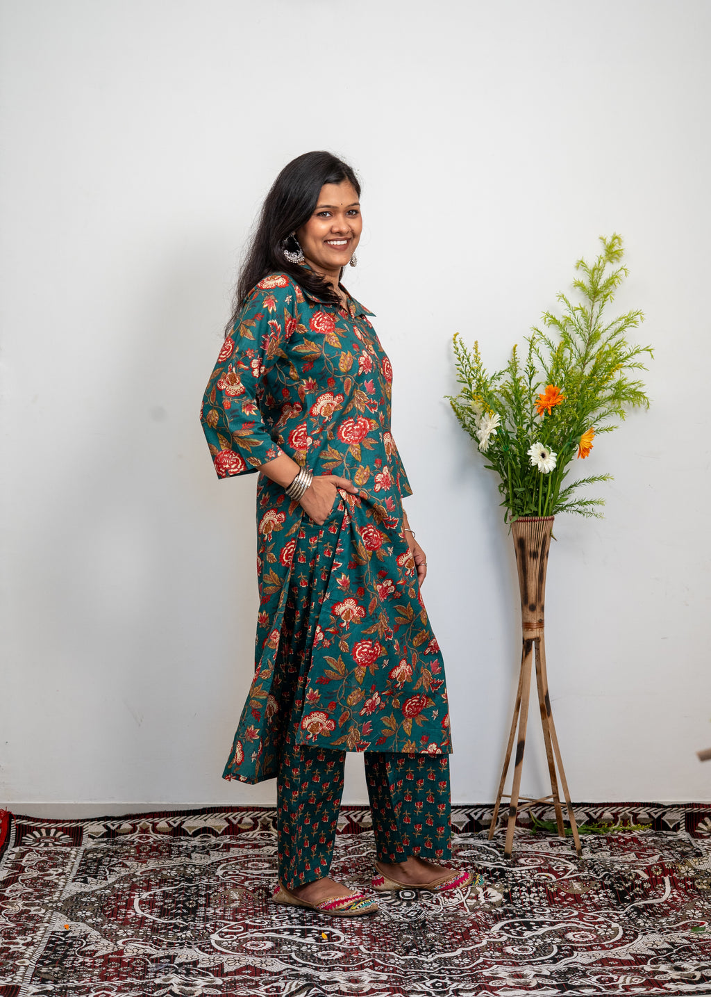 Women’s Cotton Kurta Set – Green Floral Printed Straight Kurta with Matching Pants | Ethnic Wear