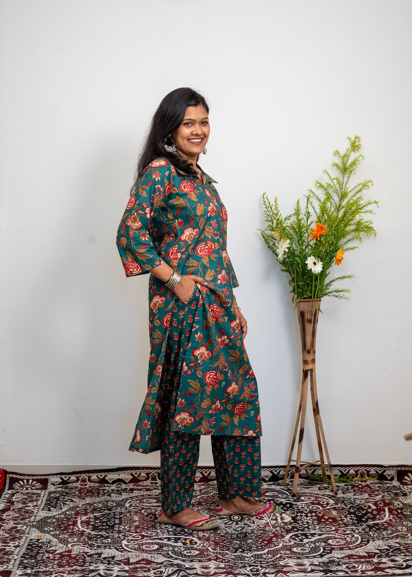 Women’s Cotton Kurta Set – Green Floral Printed Straight Kurta with Matching Pants | Ethnic Wear