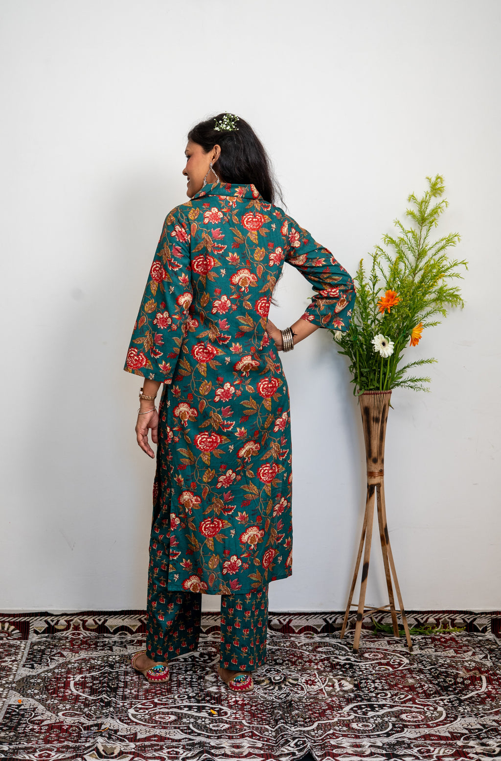 Women’s Cotton Kurta Set – Green Floral Printed Straight Kurta with Matching Pants | Ethnic Wear