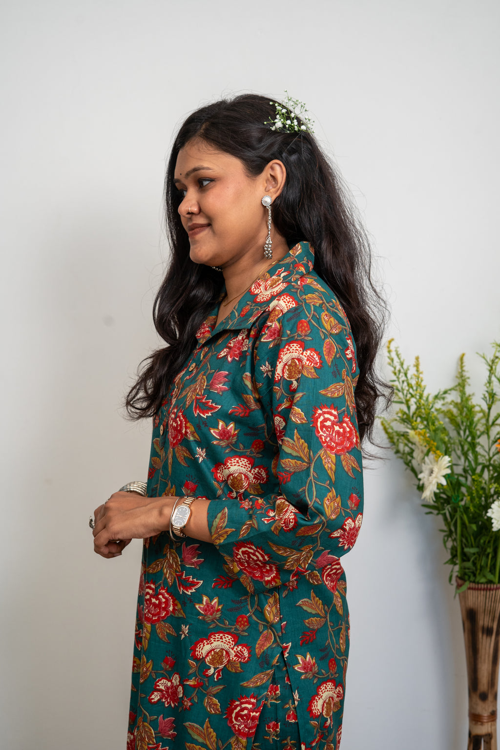 Women’s Cotton Kurta Set – Green Floral Printed Straight Kurta with Matching Pants | Ethnic Wear