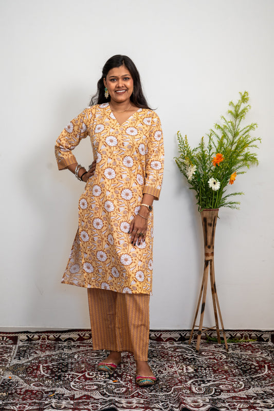 Women’s Cotton Kurta Set – Beige Floral Printed Straight Kurta with Matching Pants | Ethnic Daily Wear
