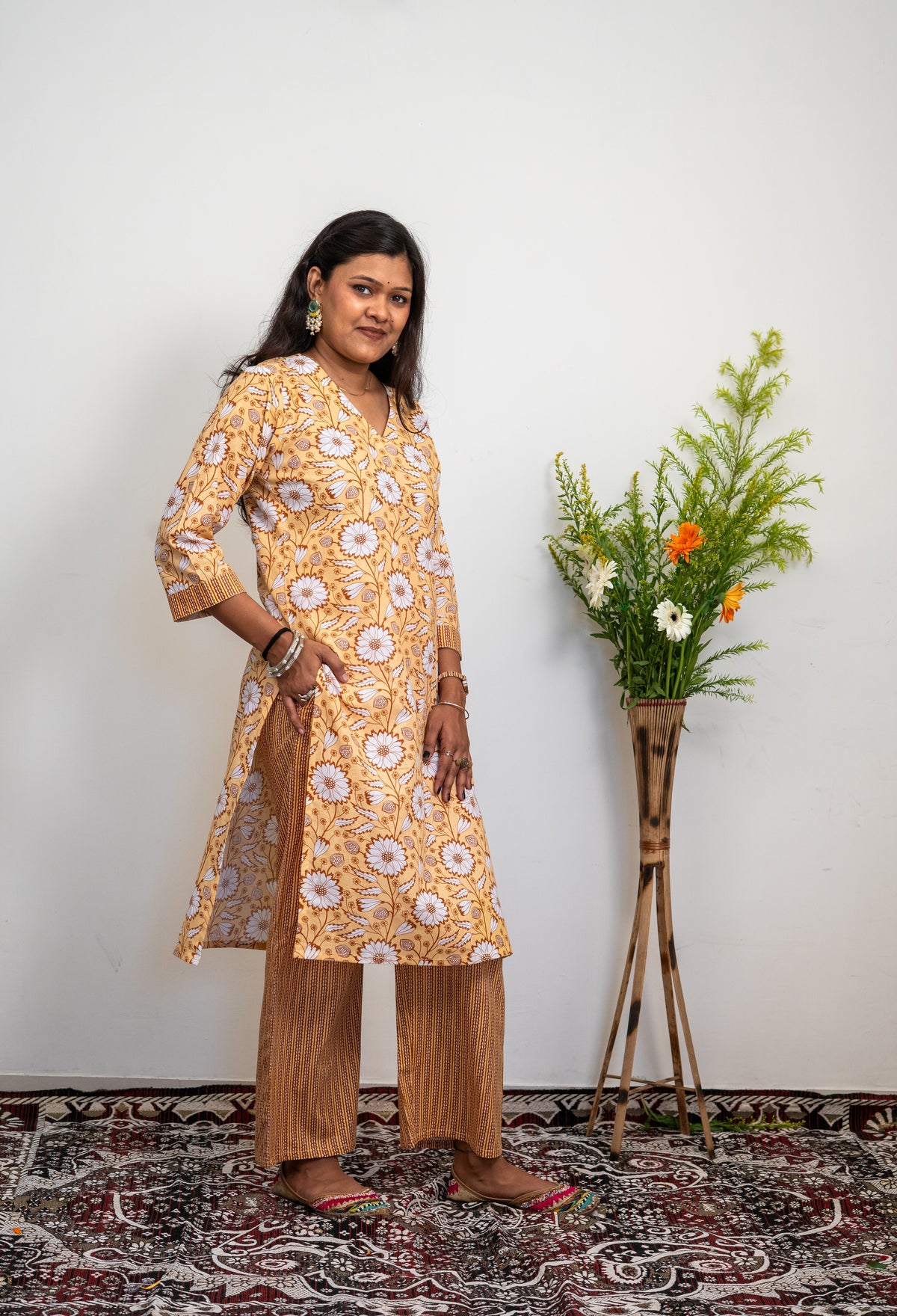 Women’s Cotton Kurta Set – Beige Floral Printed Straight Kurta with Matching Pants | Ethnic Daily Wear