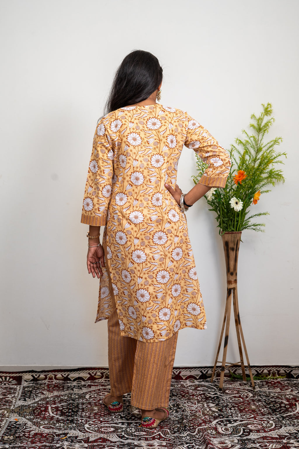 Women’s Cotton Kurta Set – Mustard Yellow Floral Printed Straight Kurta with Matching Pants | Ethnic Daily Wear