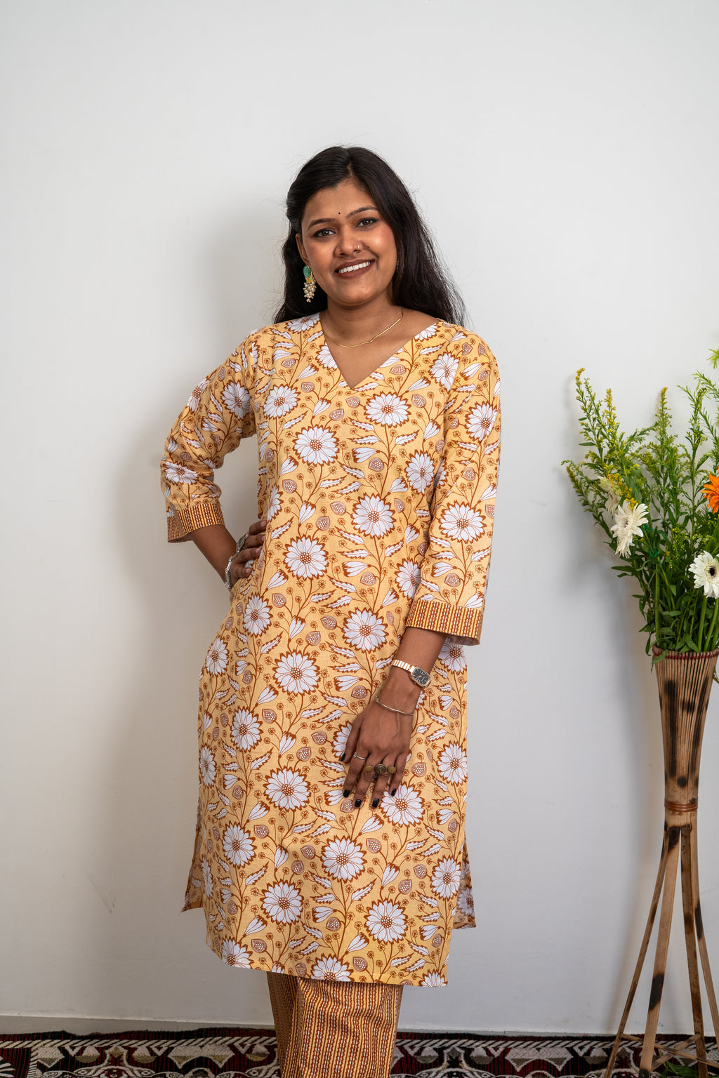 Women’s Cotton Kurta Set – Mustard Yellow Floral Printed Straight Kurta with Matching Pants | Ethnic Daily Wear