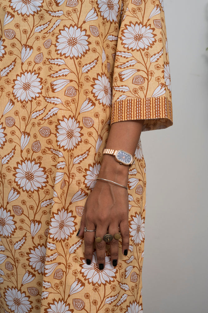 Women’s Cotton Kurta Set – Mustard Yellow Floral Printed Straight Kurta with Matching Pants | Ethnic Daily Wear