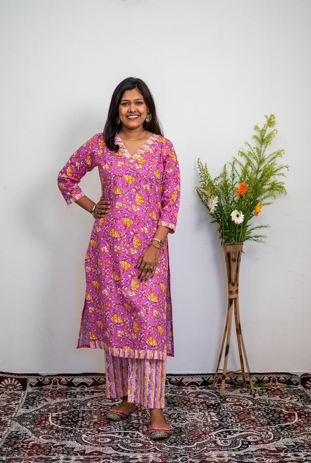 Women’s Cotton Kurta Set – Pink Floral Printed Straight Kurta with Striped Pants | Ethnic Wear