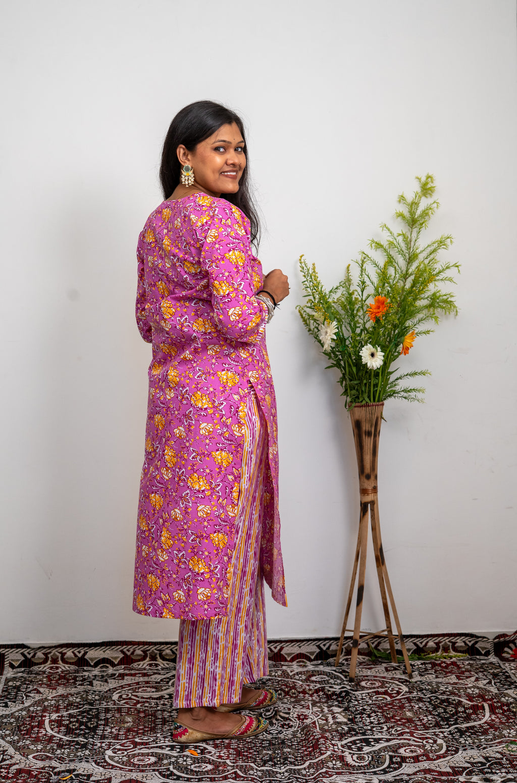 Women’s Cotton Kurta Set – Pink Floral Printed Straight Kurta with Striped Pants | Ethnic Wear