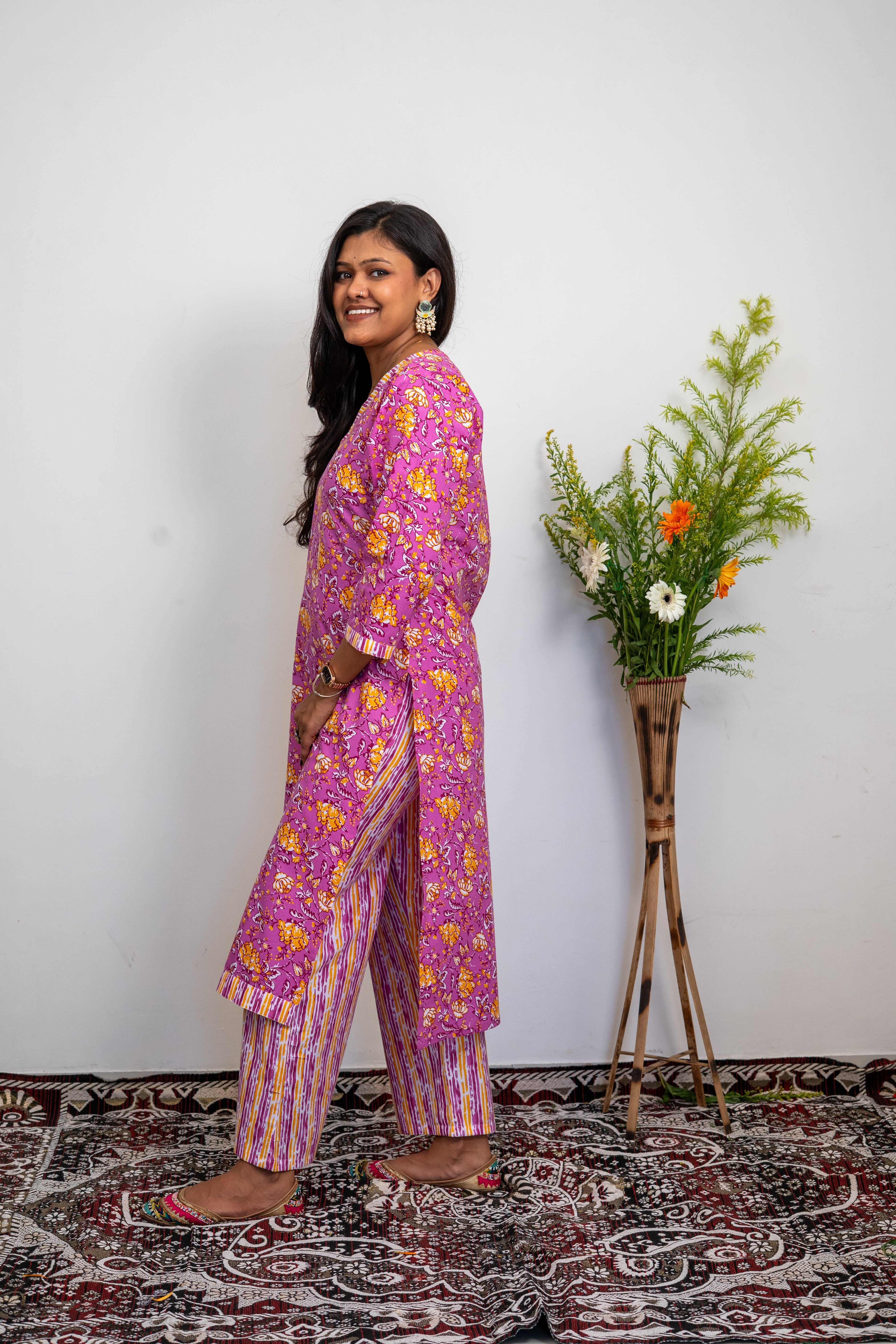 Women’s Cotton Kurta Set – Pink Floral Printed Straight Kurta with Striped Pants | Ethnic Wear