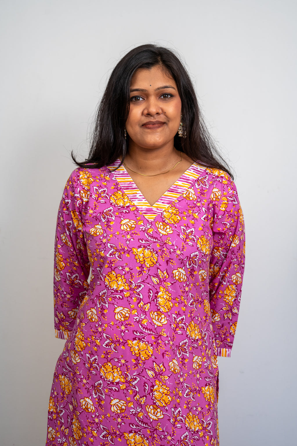 Women’s Cotton Kurta Set – Pink Floral Printed Straight Kurta with Striped Pants | Ethnic Wear