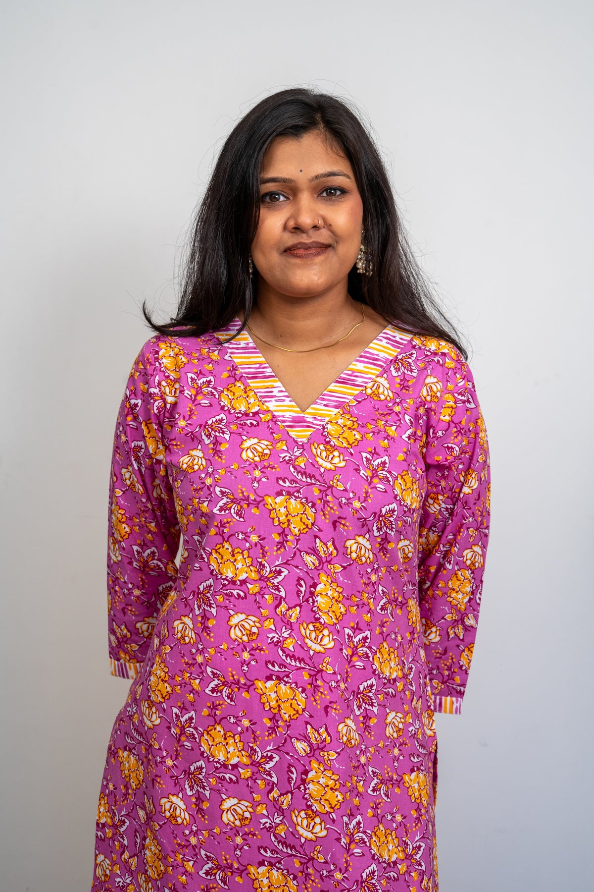 Women’s Cotton Kurta Set – Pink Floral Printed Straight Kurta with Striped Pants | Ethnic Wear