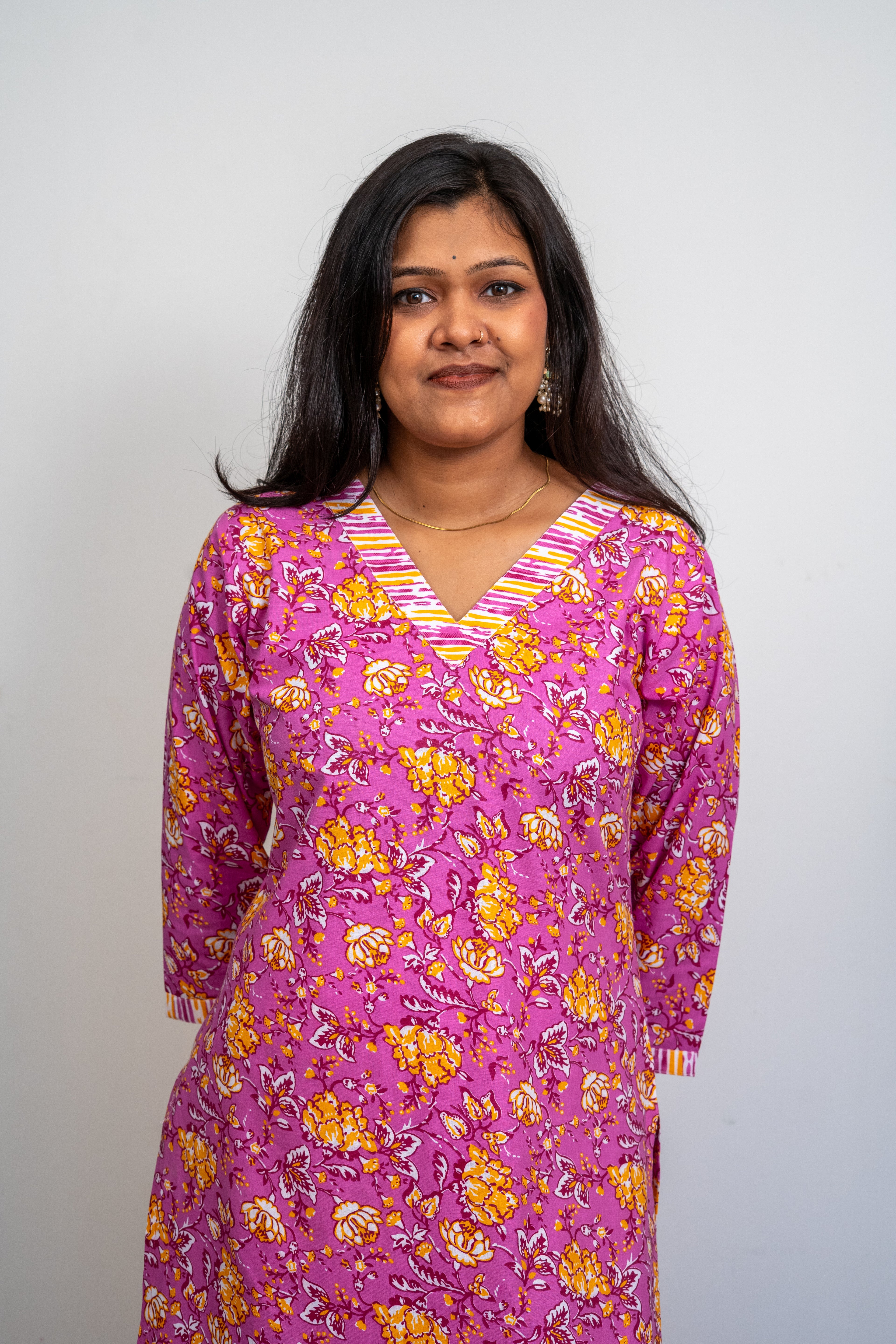 Women’s Cotton Kurta Set – Pink Floral Printed Straight Kurta with Striped Pants | Ethnic Wear