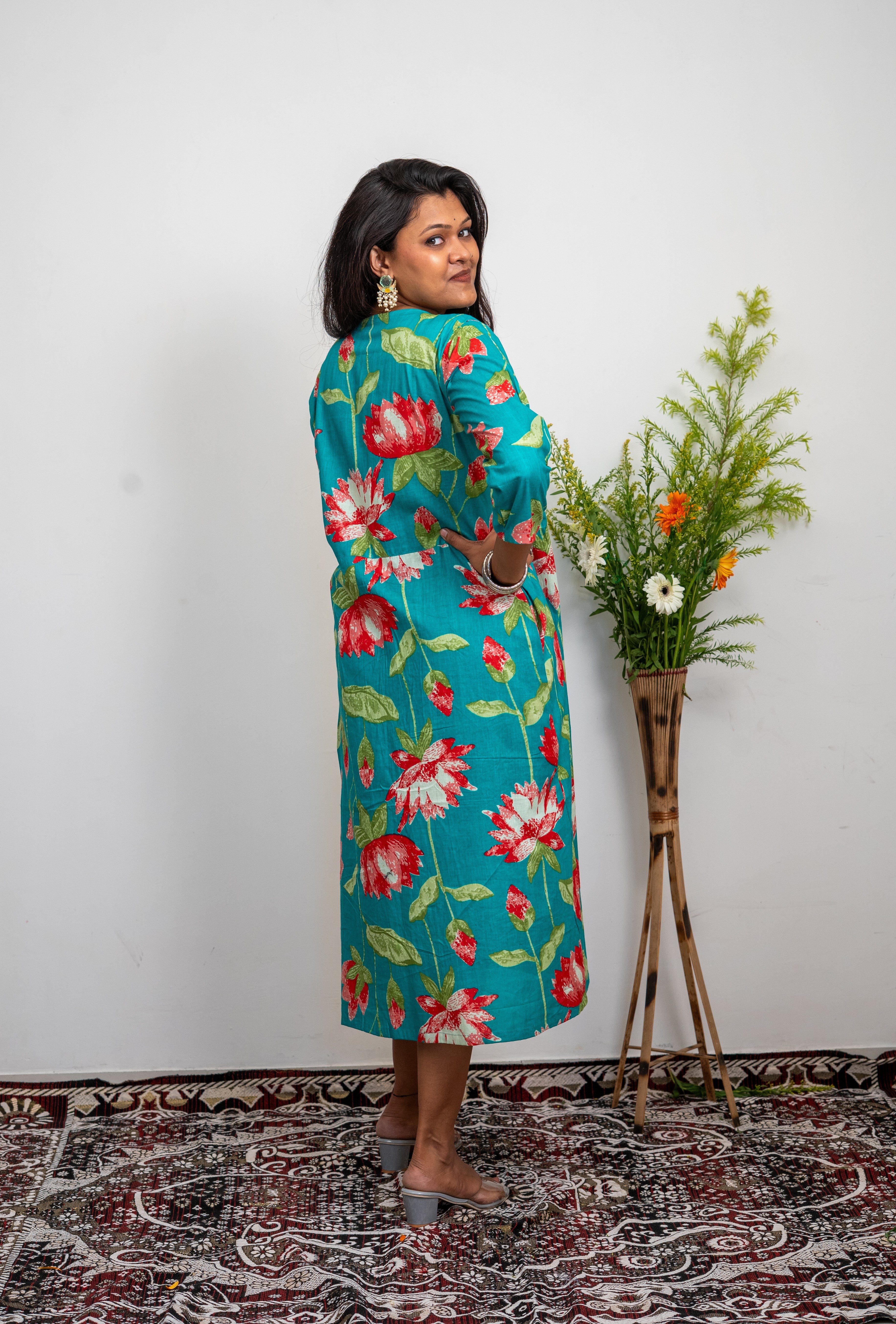 Women’s Cotton Floral Printed Dress – Teal Green A-Line Midi Dress with 3/4 Sleeves | Casual Wear