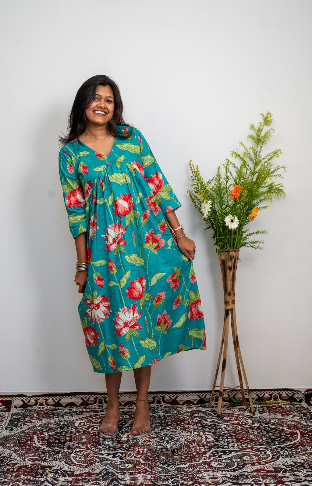 Women’s Cotton Floral Printed Dress – Teal Green A-Line Midi Dress with 3/4 Sleeves | Casual Wear