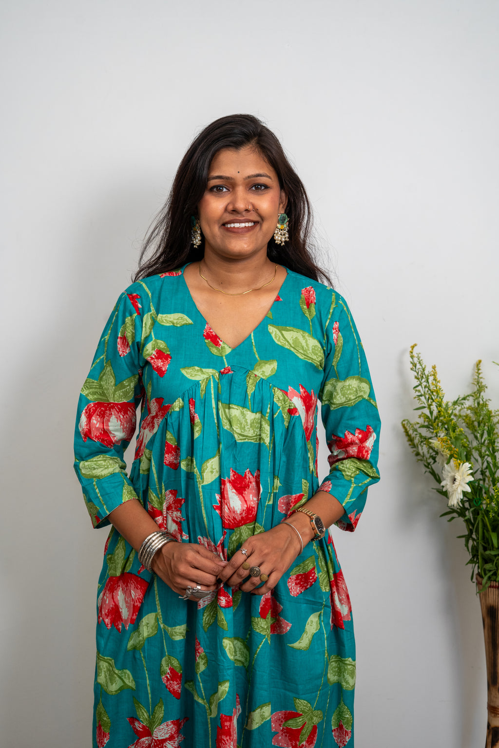 Women’s Cotton Floral Printed Dress – Teal Green A-Line Midi Dress with 3/4 Sleeves | Casual Wear