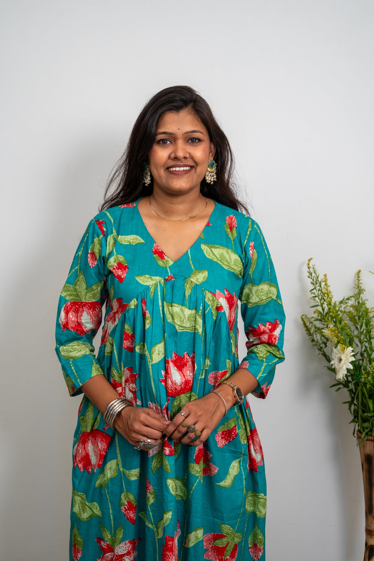 Women’s Cotton Floral Printed Dress – Teal Green A-Line Midi Dress with 3/4 Sleeves | Casual Wear
