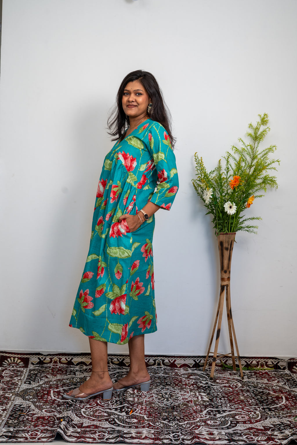 Women’s Cotton Floral Printed Dress – Teal Green A-Line Midi Dress with 3/4 Sleeves | Casual Wear