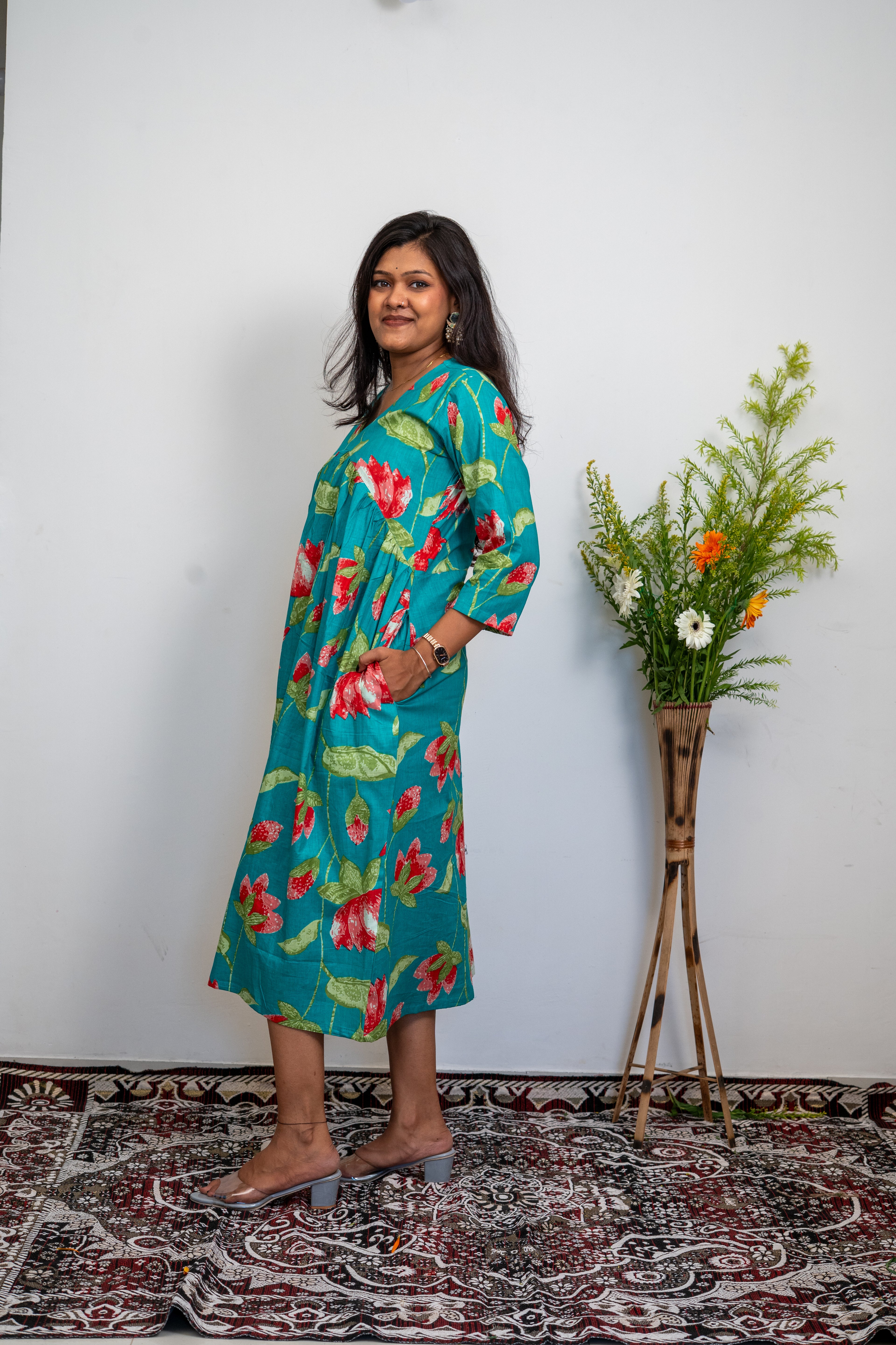 Women’s Cotton Floral Printed Dress – Teal Green A-Line Midi Dress with 3/4 Sleeves | Casual Wear