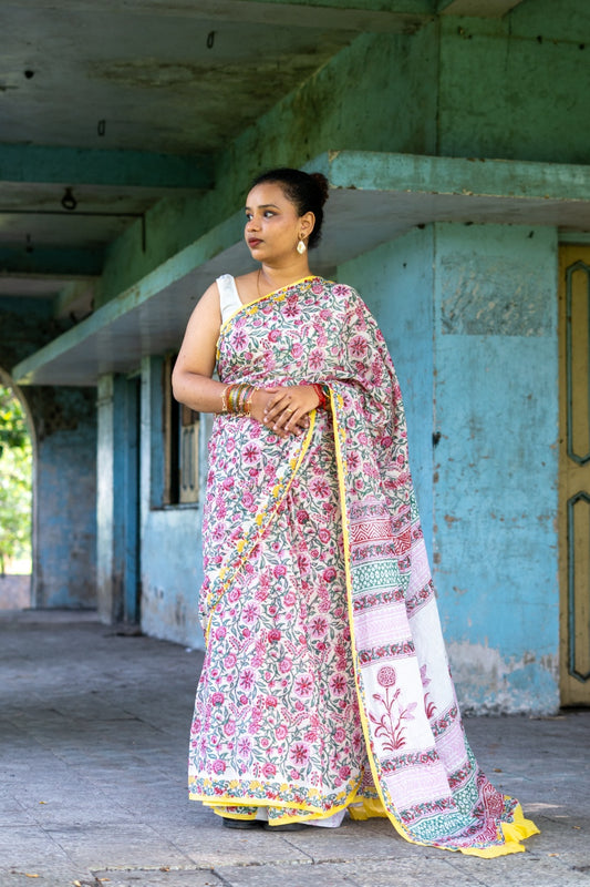 Women Pure Cotton Hand Block Printed Floral Saree