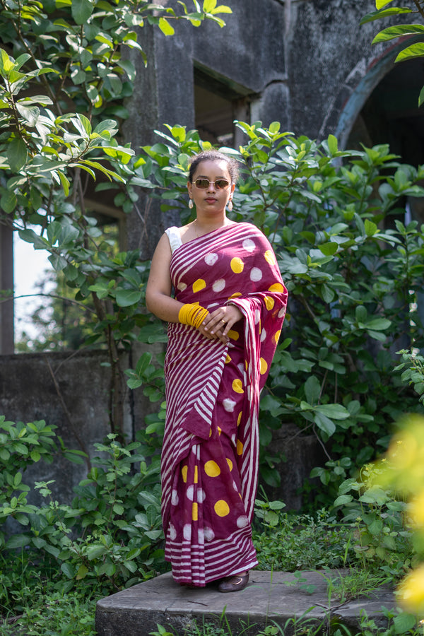 Women Pure Cotton Hand Block Printed Polka Dot Saree with Striped Border