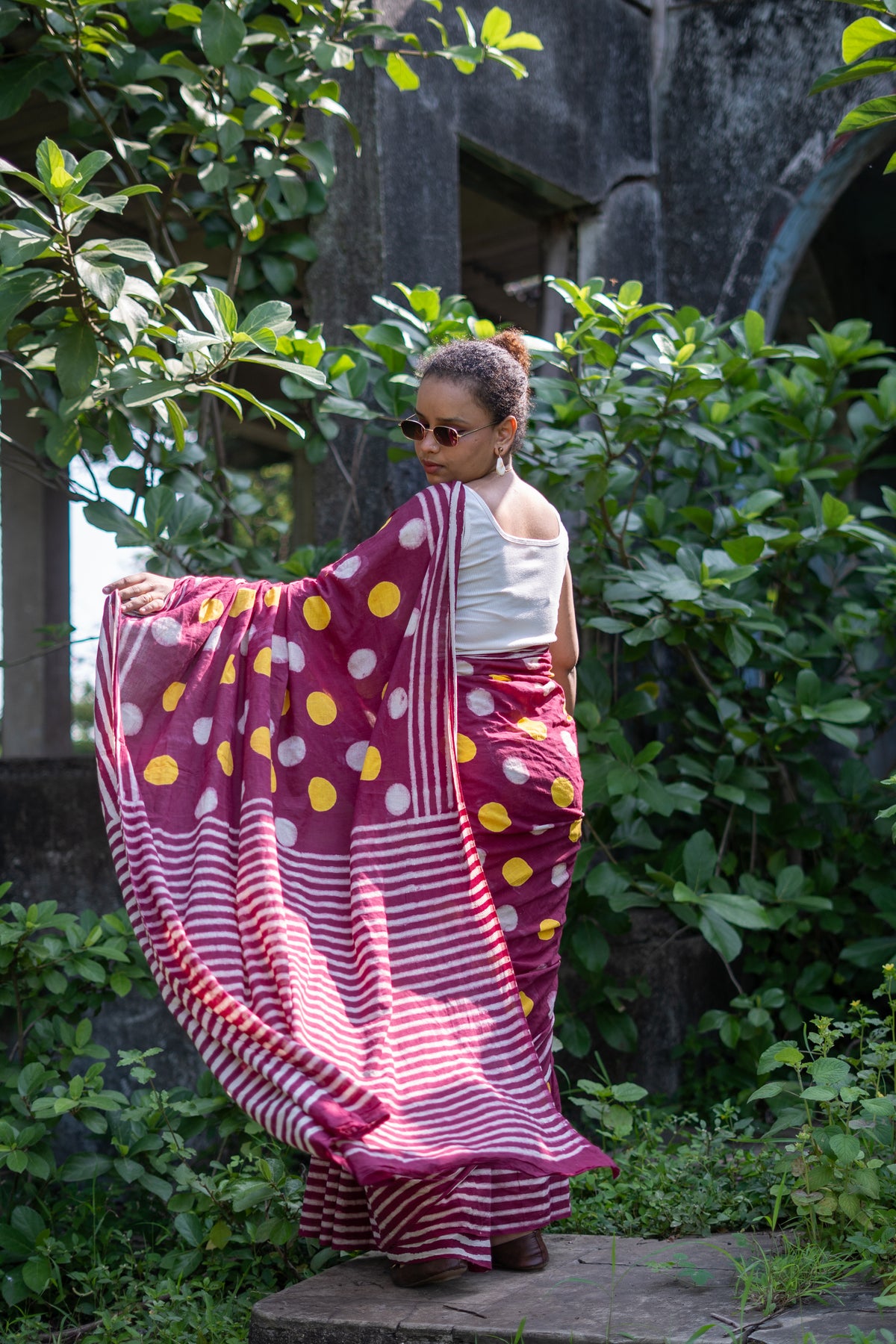 Women Pure Cotton Hand Block Printed Polka Dot Saree with Striped Border