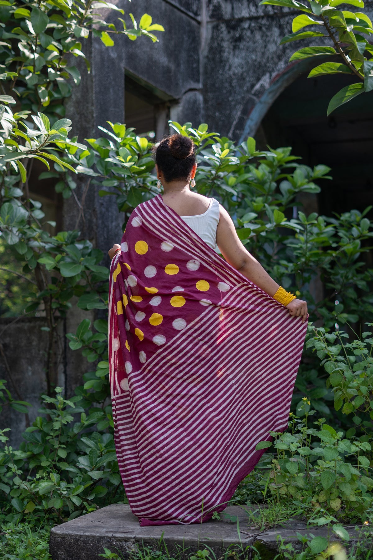 Women Pure Cotton Hand Block Printed Polka Dot Saree with Striped Border