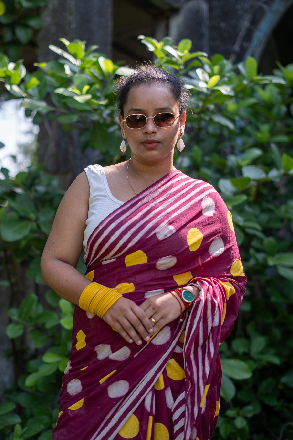 Women Pure Cotton Hand Block Printed Polka Dot Saree with Striped Border