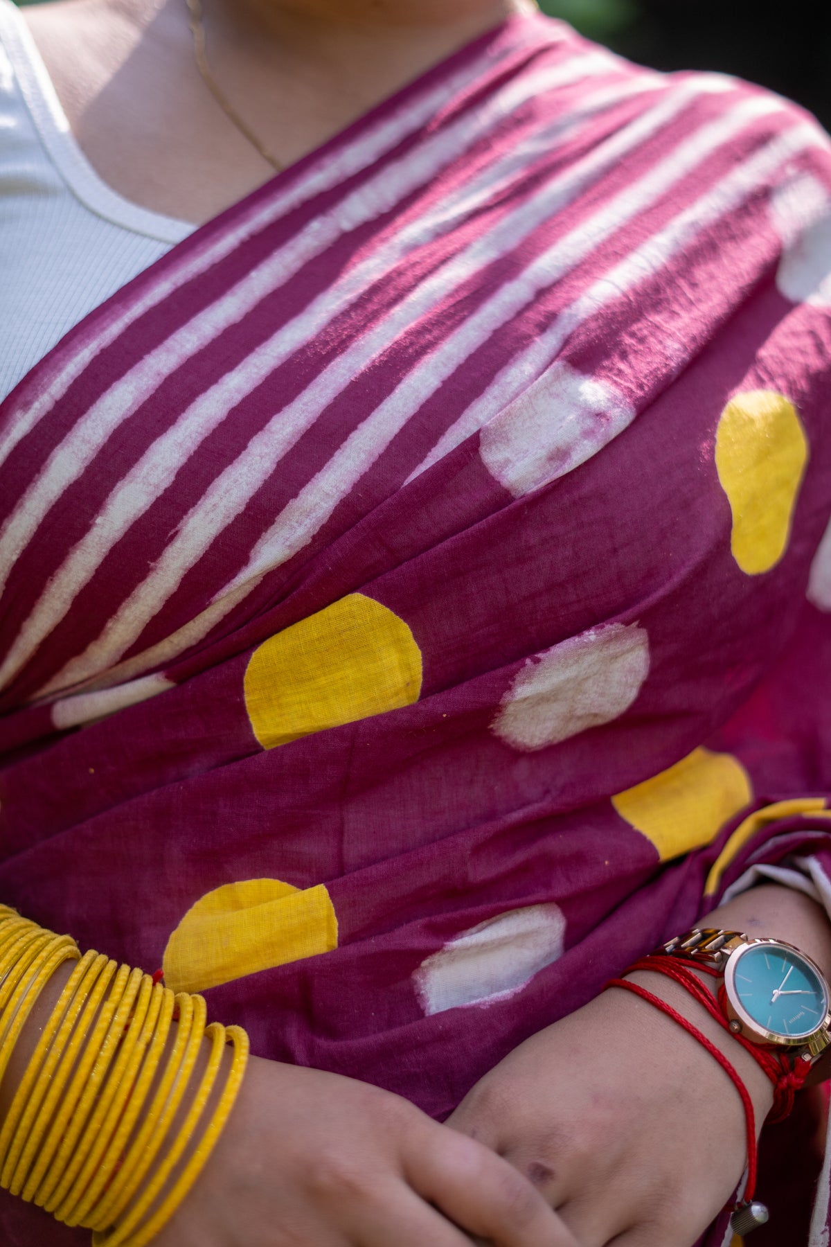 Women Pure Cotton Hand Block Printed Polka Dot Saree with Striped Border