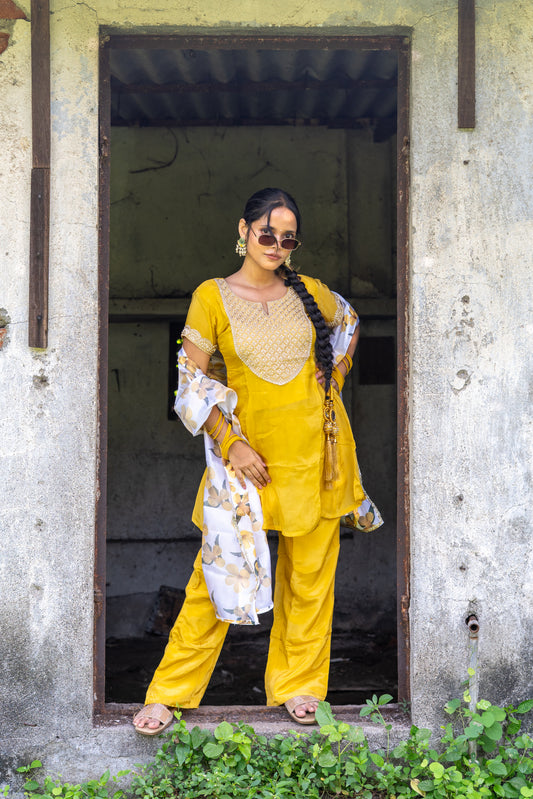 Sunlit Yellow Pearl Embellished Kurta Set with Dupatta