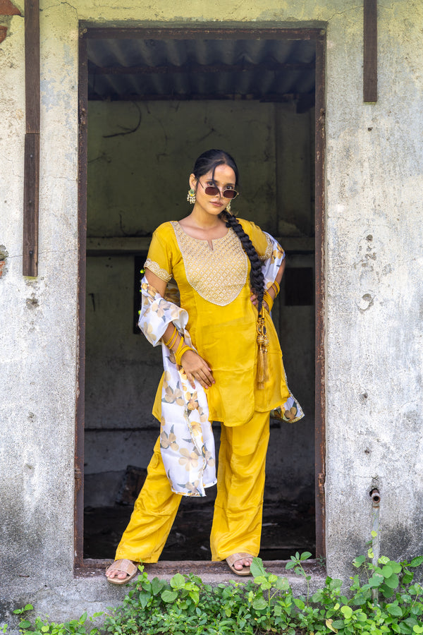 Sunlit Yellow Pearl Embellished Kurta Set with Dupatta