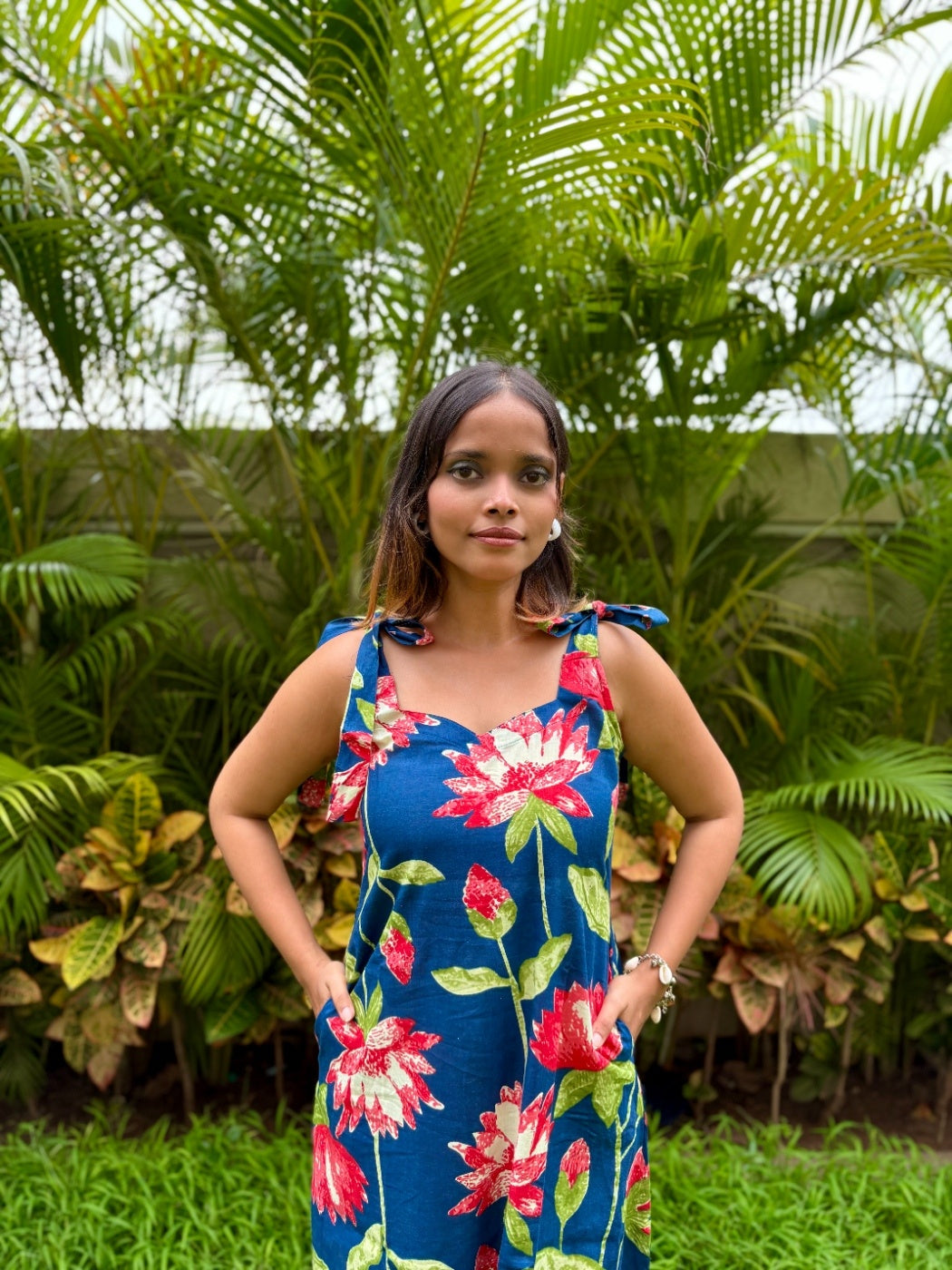 Women’s Blue Cotton Floral Printed Midi Dress with Tie-Up Shoulder Straps with Pockets