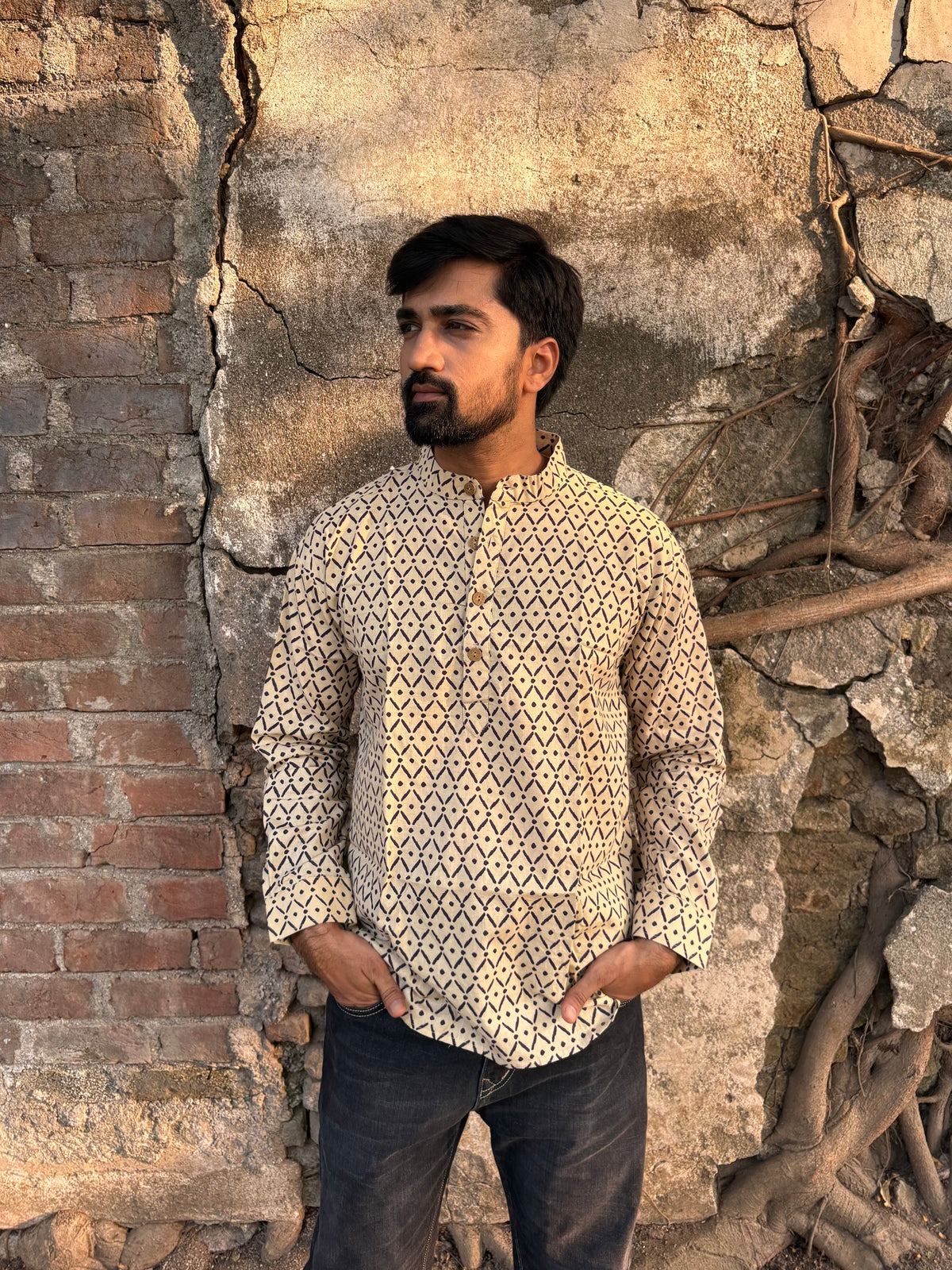 Men's Beige Geometric Printed Cotton Short Kurta | Mandarin Collar Ethnic Casual & Festive Wear
