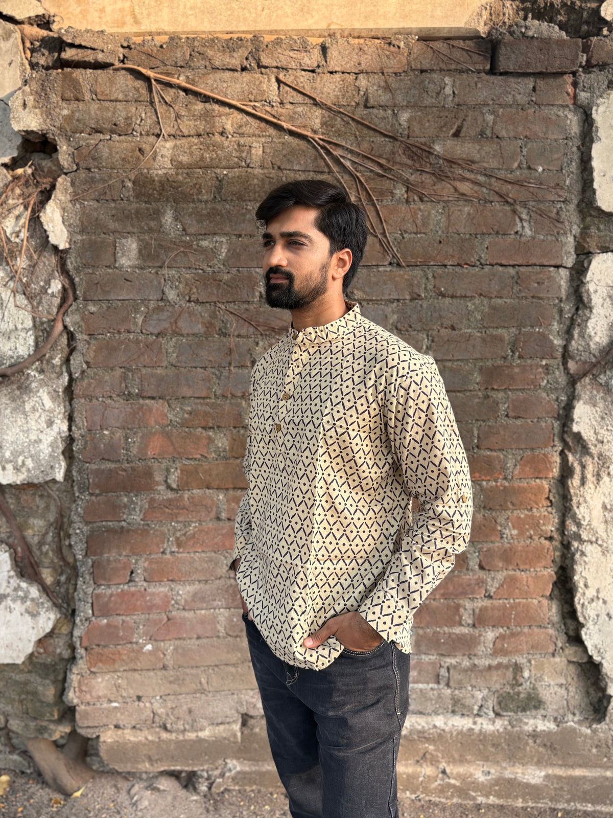 Men's Beige Geometric Printed Cotton Short Kurta | Mandarin Collar Ethnic Casual & Festive Wear