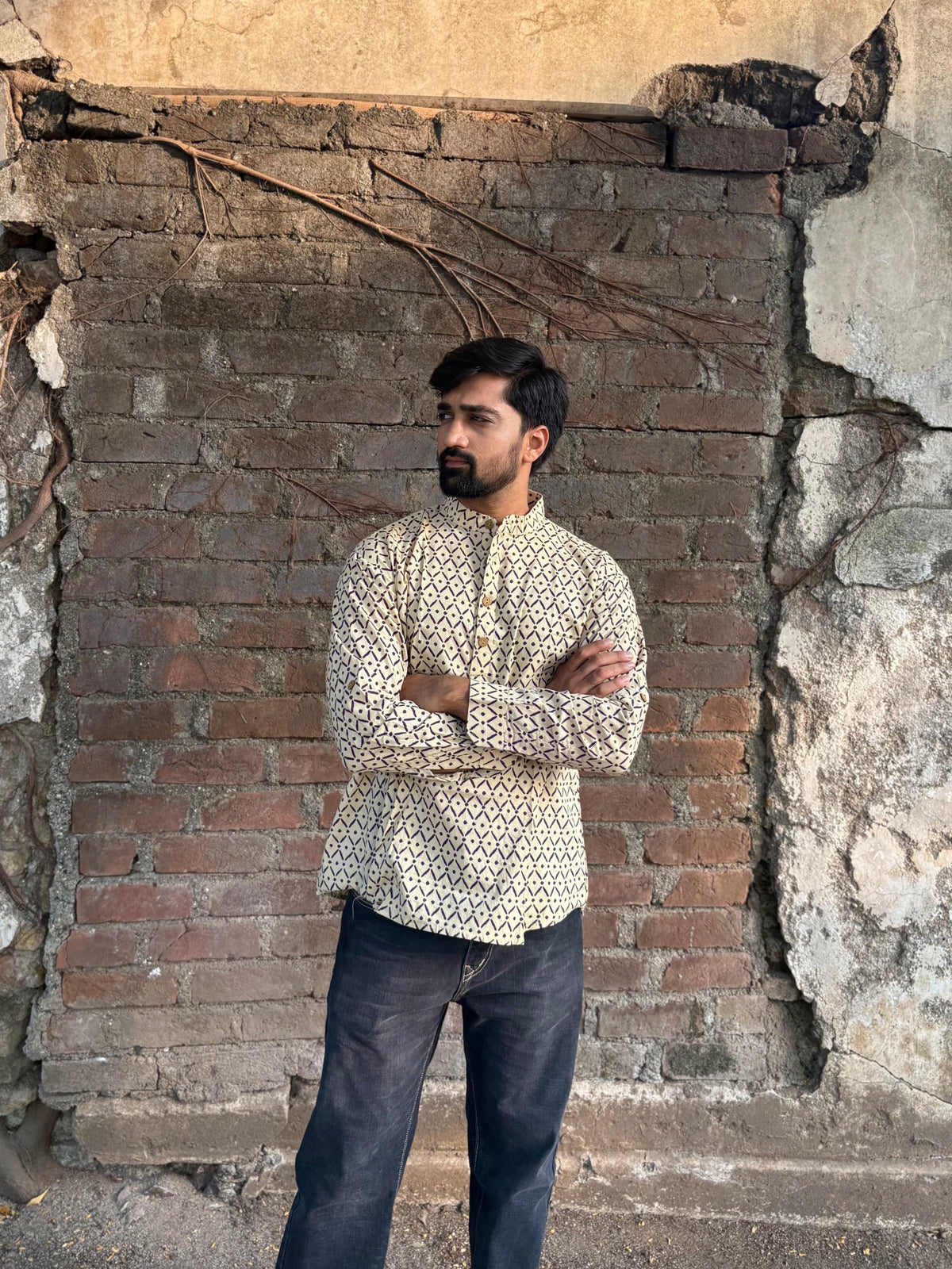 Men's Beige Geometric Printed Cotton Short Kurta | Mandarin Collar Ethnic Casual & Festive Wear