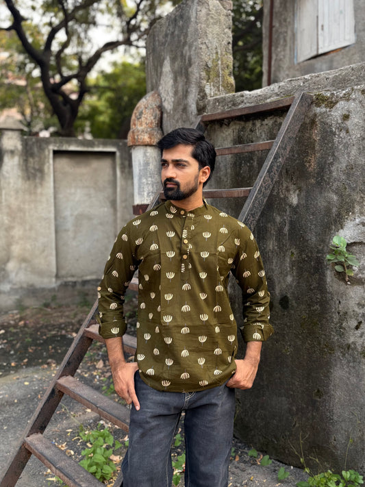 i Men's Olive Green Printed Cotton Short Kurta | Mandarin Collar Ethnic Casual & Festive Wear