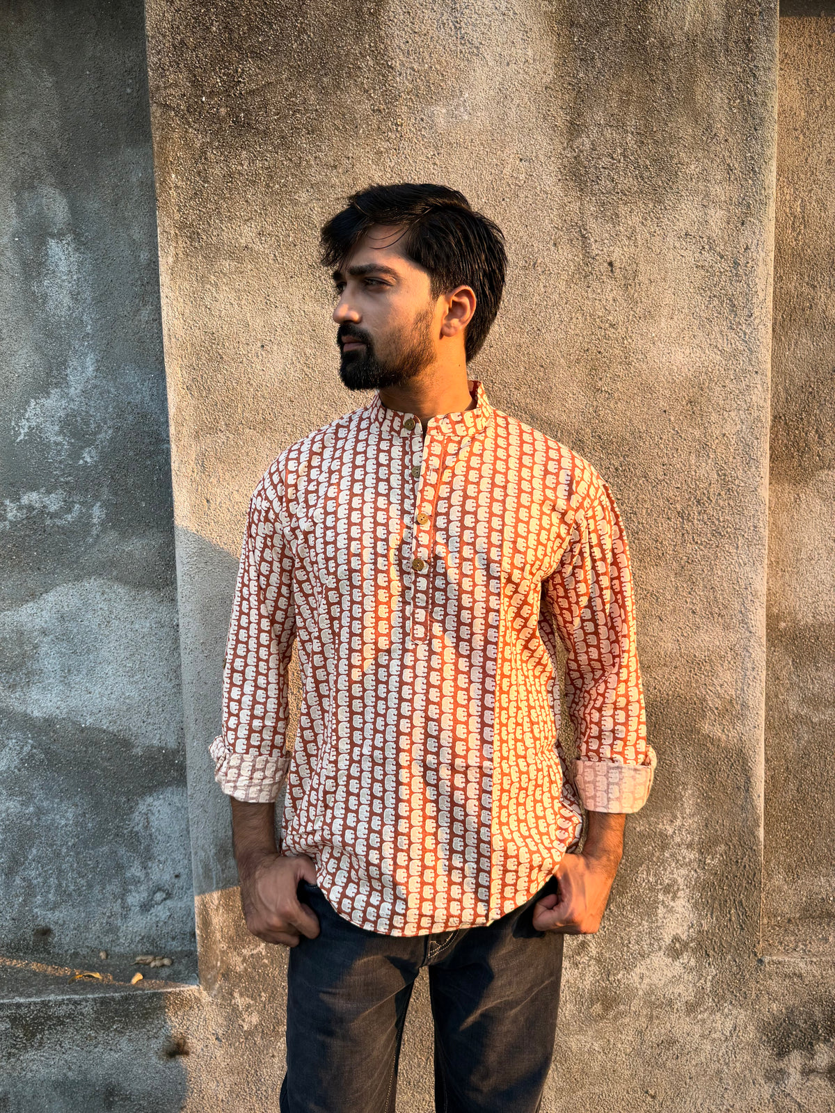 Men's Rust Brown Ethnic Block Print Cotton Short Kurta | Mandarin Collar Casual Festive Kurta