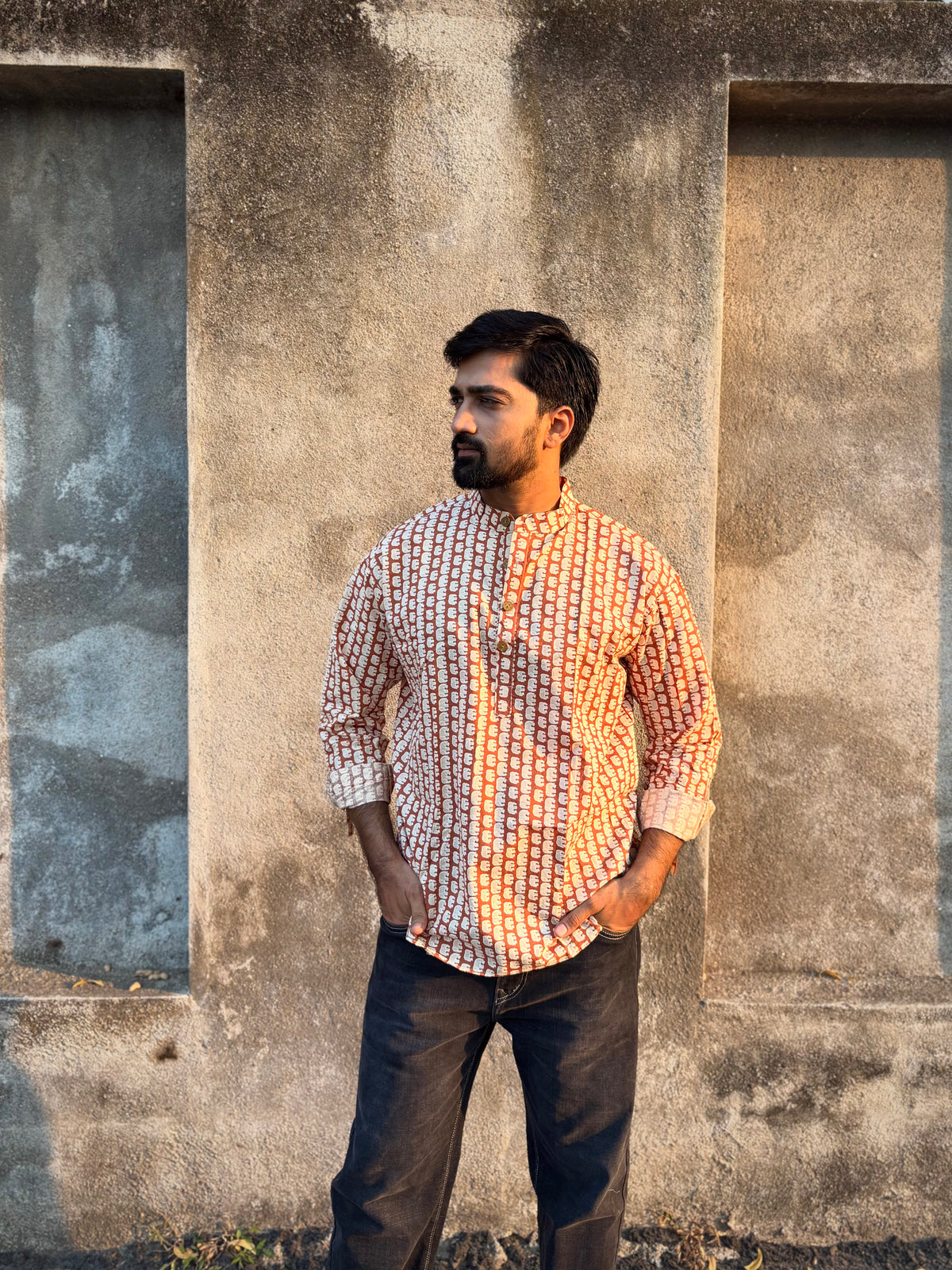 Men's Rust Brown Ethnic Block Print Cotton Short Kurta | Mandarin Collar Casual Festive Kurta