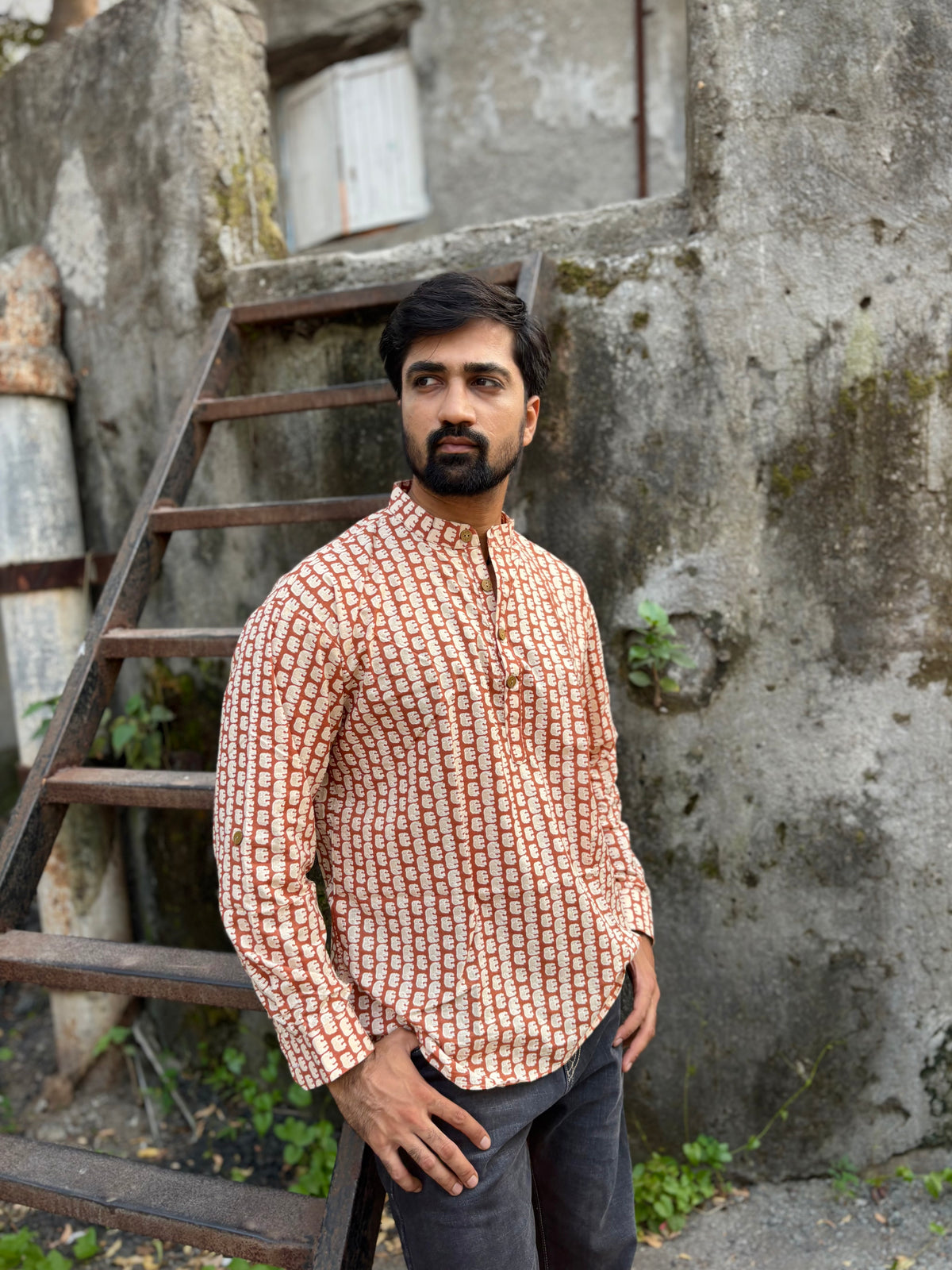 Men's Rust Brown Ethnic Block Print Cotton Short Kurta | Mandarin Collar Casual Festive Kurta