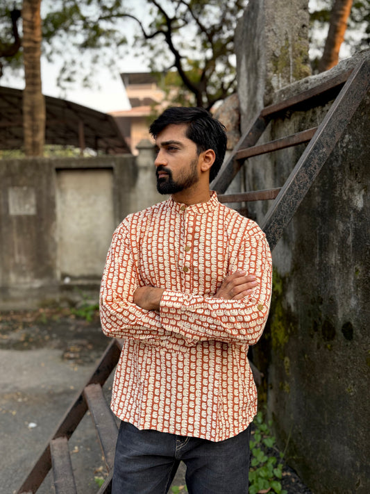 Men's Rust Brown Ethnic Block Print Cotton Short Kurta | Mandarin Collar Casual Festive Kurta