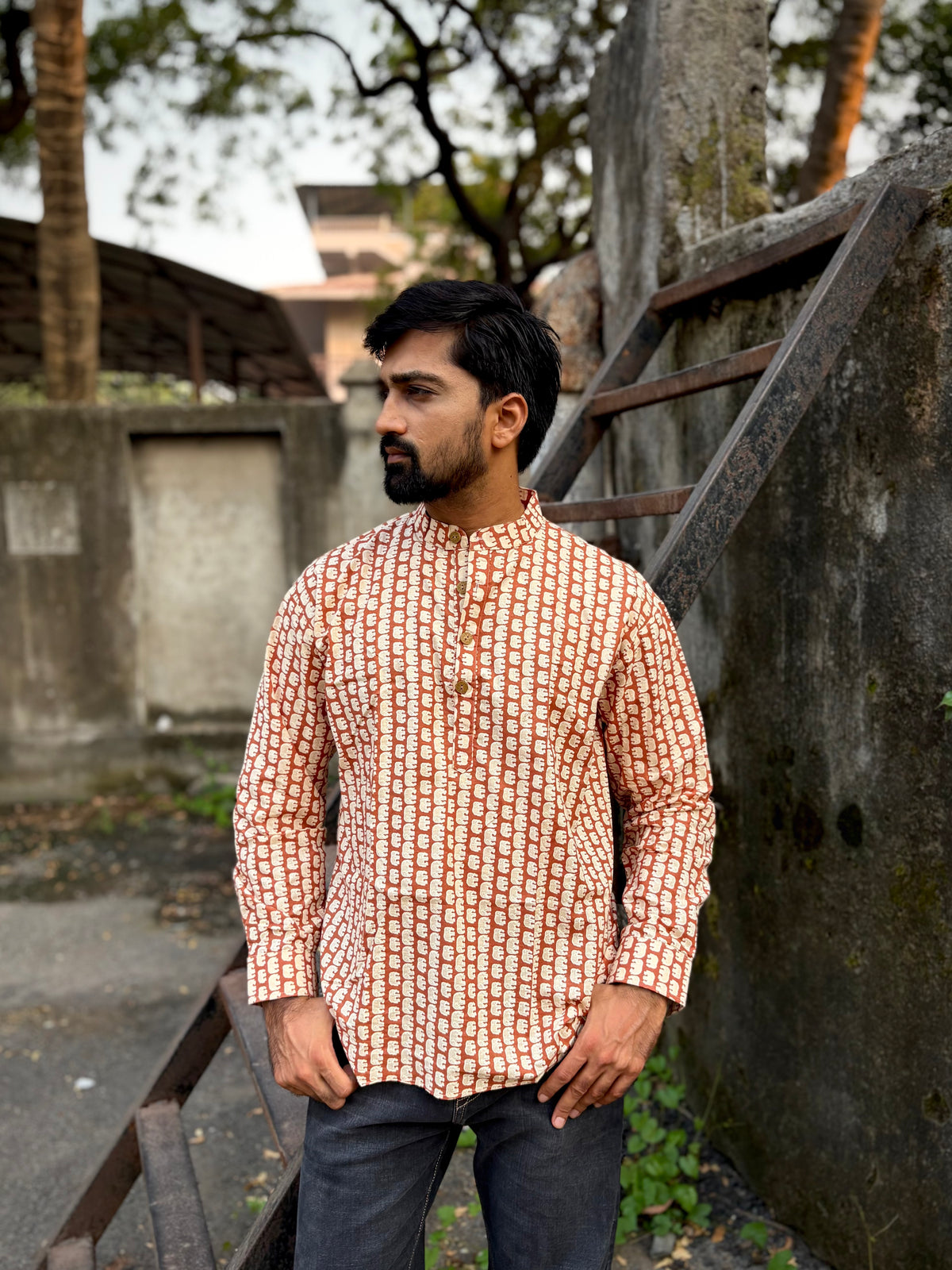 Men's Rust Brown Ethnic Block Print Cotton Short Kurta | Mandarin Collar Casual Festive Kurta