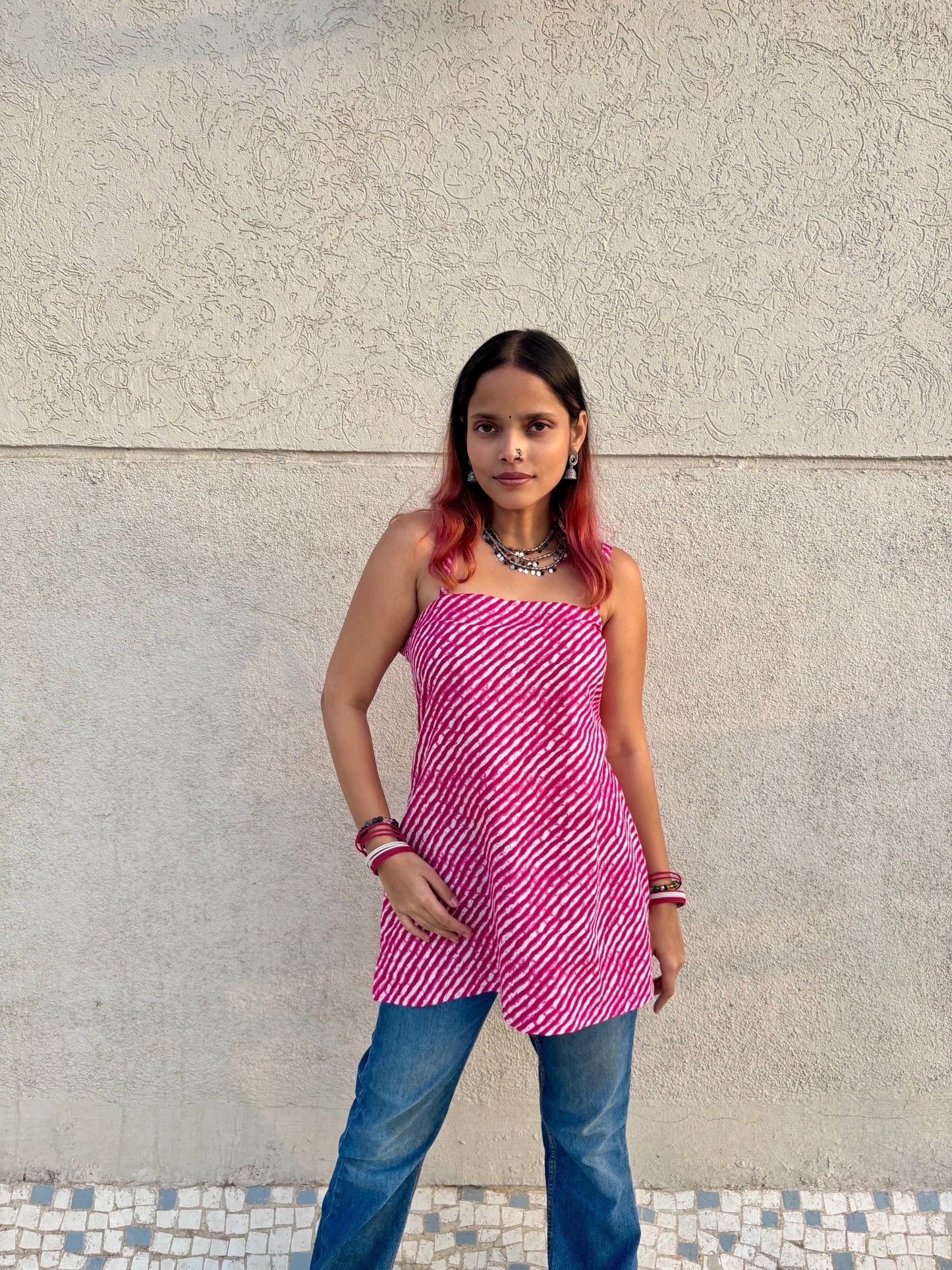 Women Pink Leheriya Cotton Kurti with Corset Tie-Up Back | Sleeveless Summer Kurti