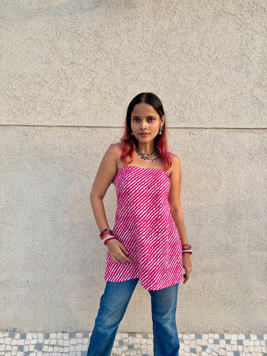 Women Pink Leheriya Cotton Kurti with Corset Tie-Up Back | Sleeveless Summer Kurti