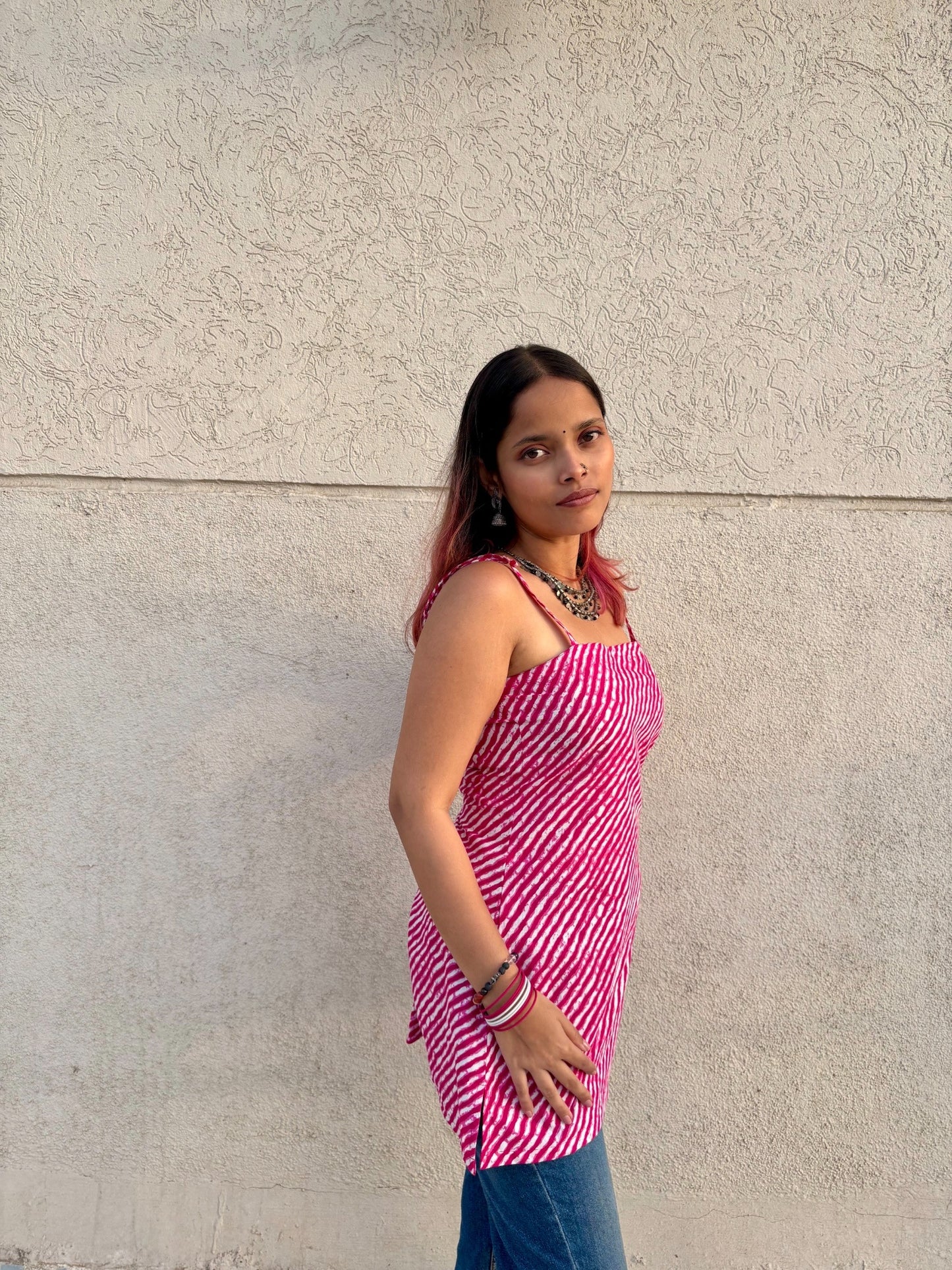 Women Pink Leheriya Cotton Kurti with Corset Tie-Up Back | Sleeveless Summer Kurti
