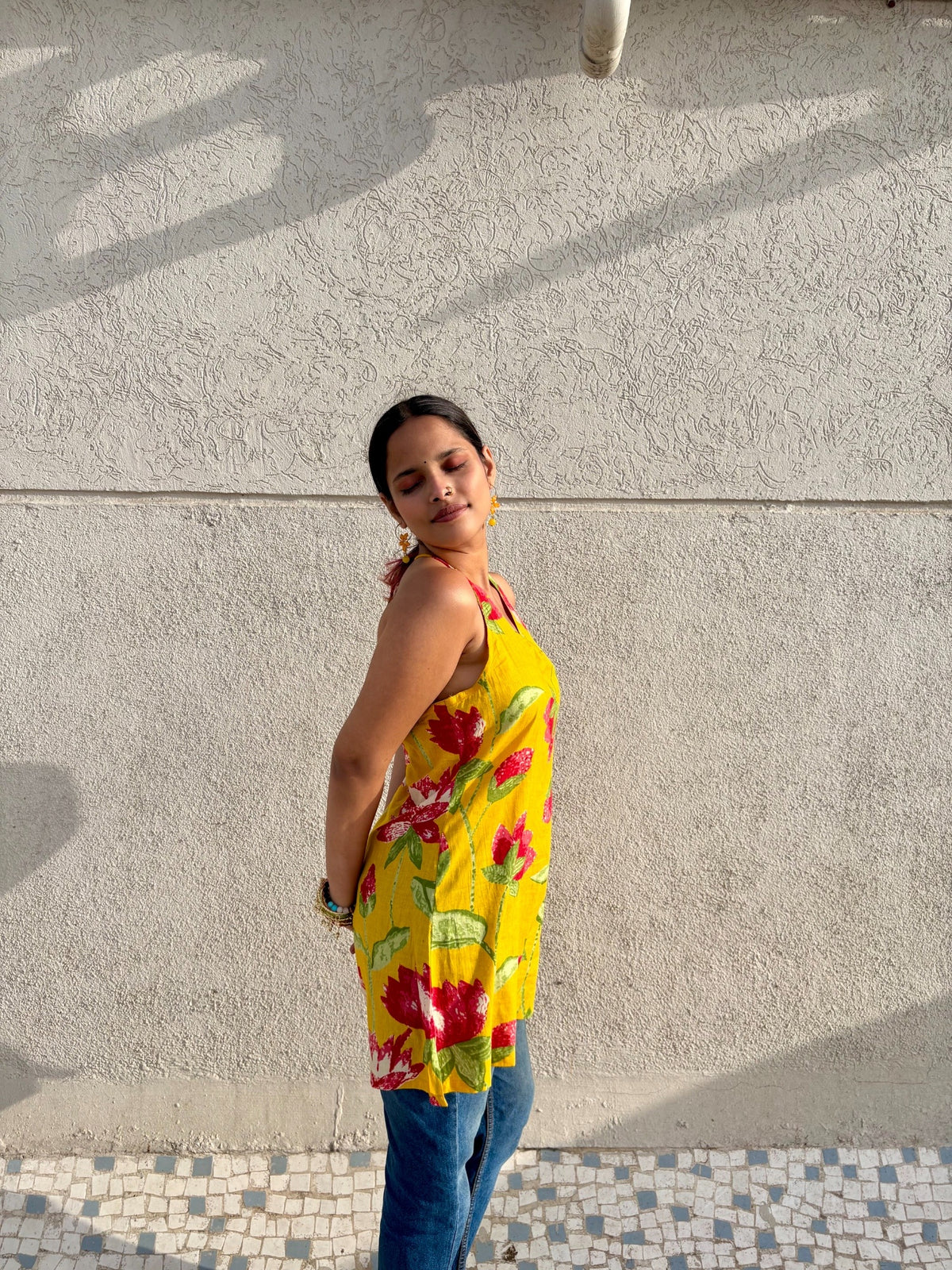 Yellow Floral Cotton Kurti with Backless Tie-Up Neck | Sleeveless Summer Kurti