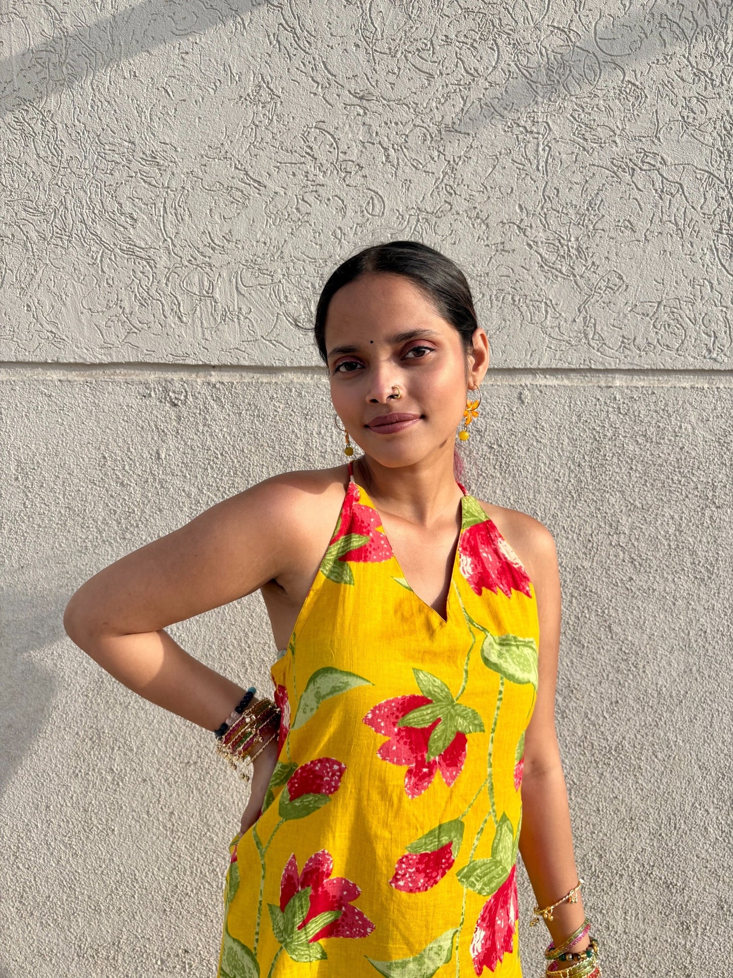 Yellow Floral Cotton Kurti with Backless Tie-Up Neck | Sleeveless Summer Kurti