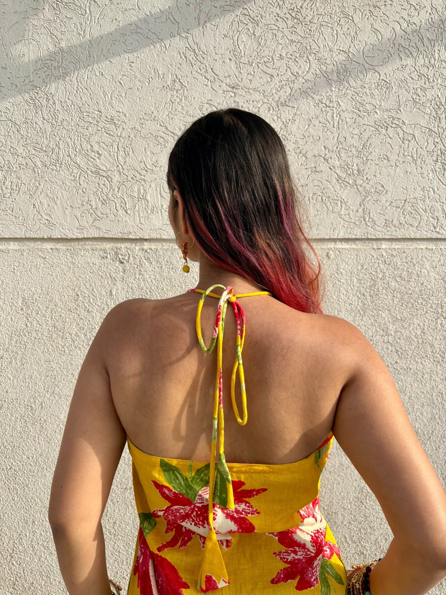 Yellow Floral Cotton Kurti with Backless Tie-Up Neck | Sleeveless Summer Kurti