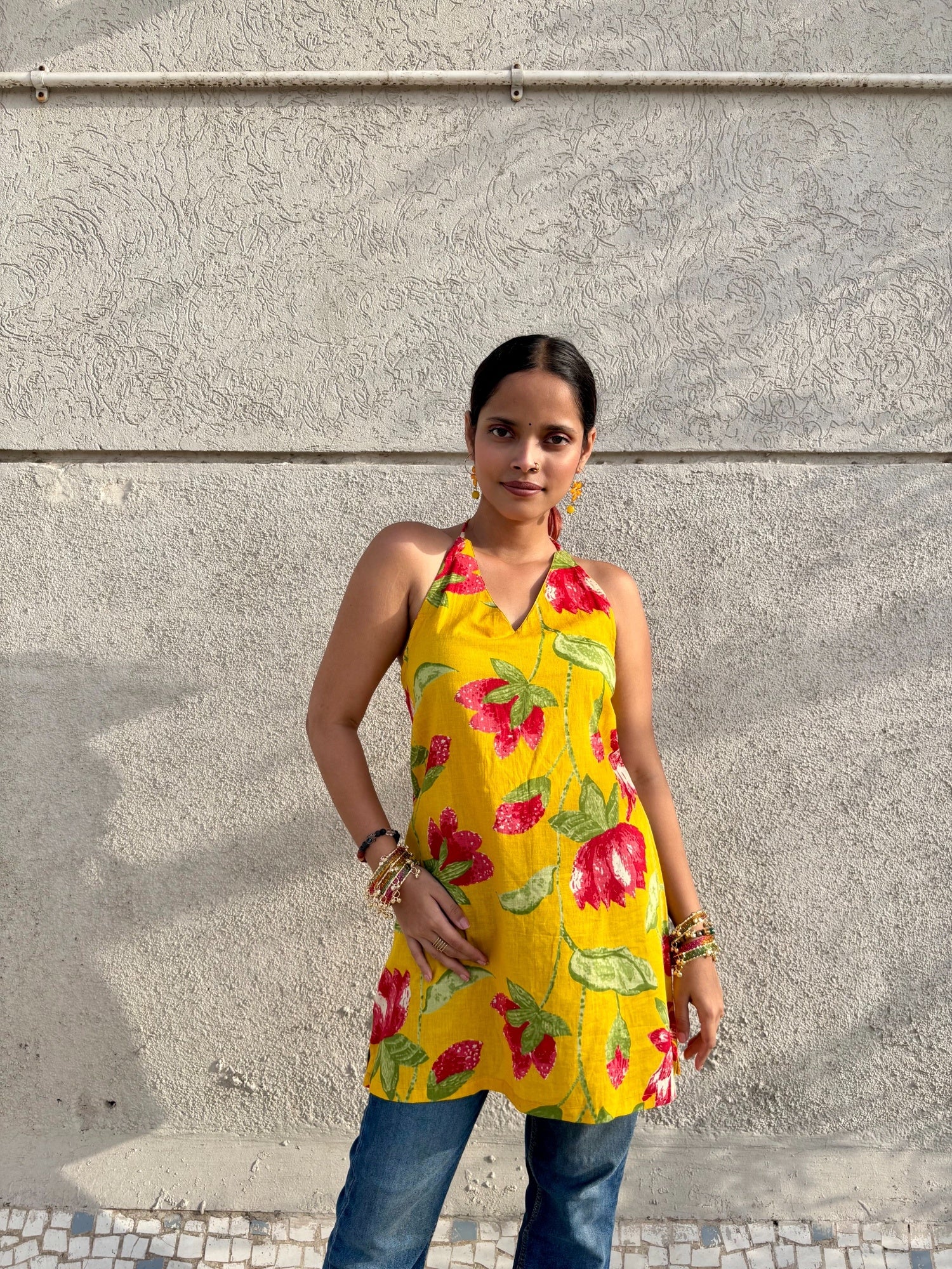 Yellow Floral Cotton Kurti with Backless Tie-Up Neck | Sleeveless Summer Kurti