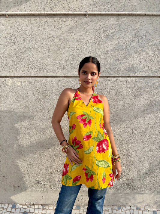 Yellow Floral Cotton Kurti with Backless Tie-Up Neck | Sleeveless Summer Kurti