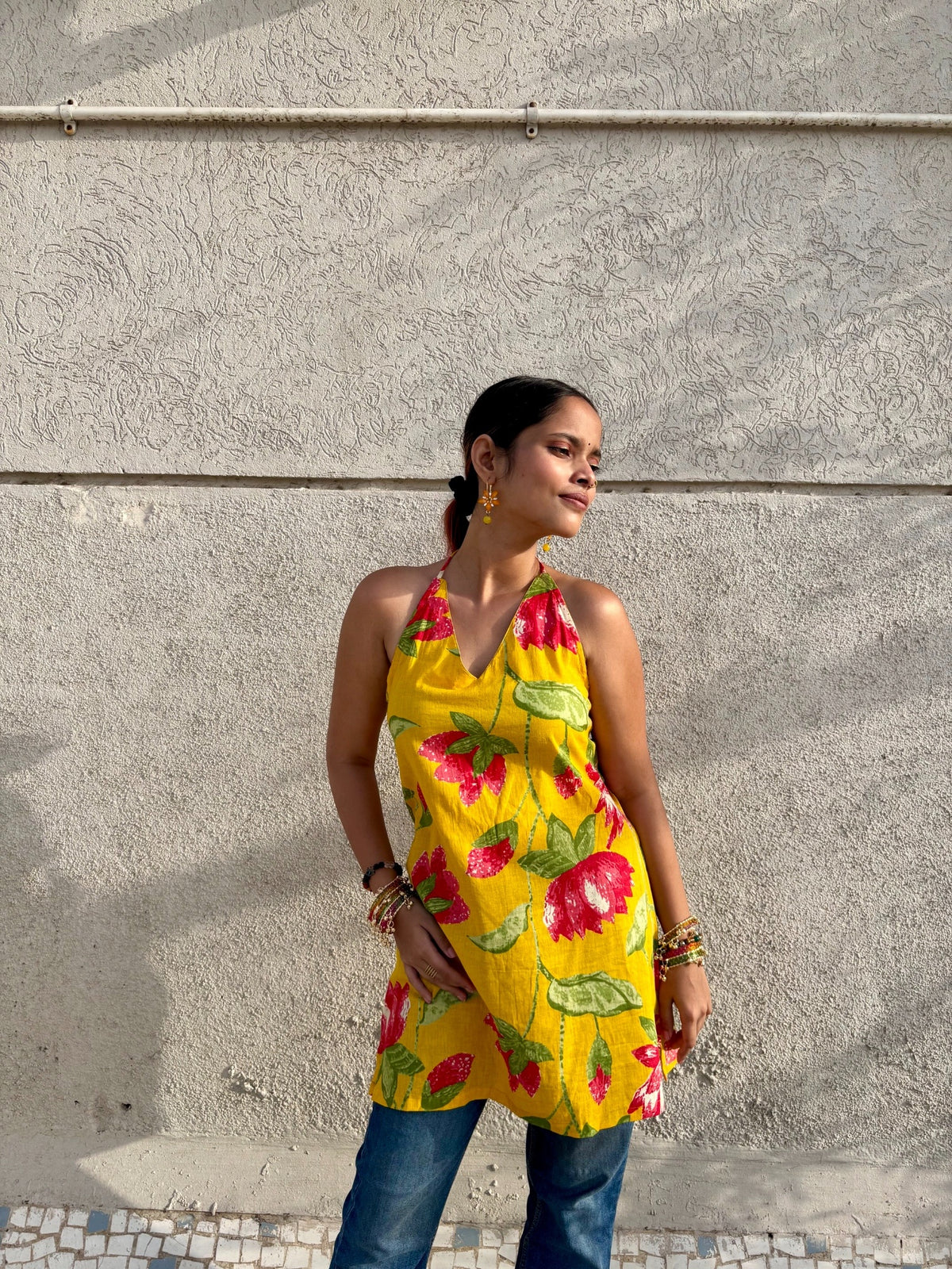 Yellow Floral Cotton Kurti with Backless Tie-Up Neck | Sleeveless Summer Kurti